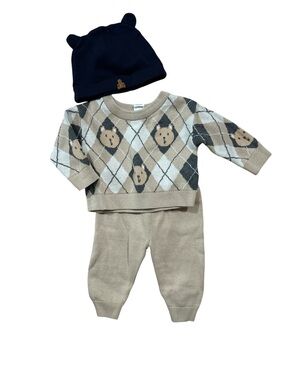 GAP Baby Tan Cream and Black Argyle Bear Knit Sweater